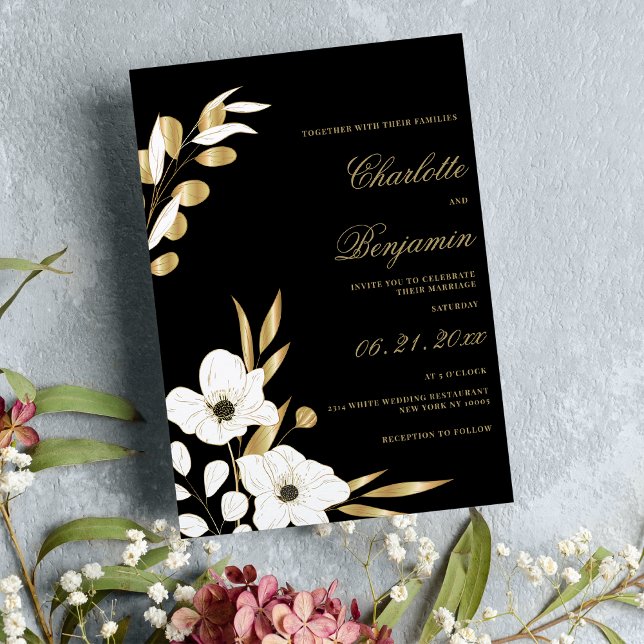 Svartvit guld-elegant lyxolja blommigt bröllop inbjudningar (Black white gold elegant luxury floral wedding )