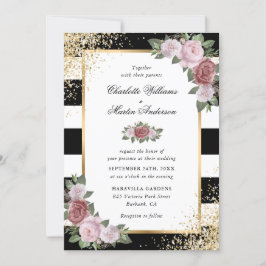 Svartvit Guld Glitter  Rosa Blommigt Bröllop Inbjudningar