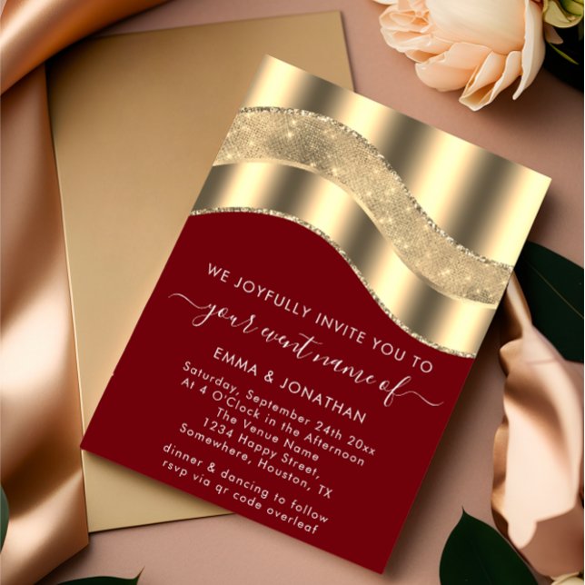 Svartvit Guld-Gräns, vågans QR-kod Bröllop (Black White Gold Border Wave QR Code Wedding FlorenceK )