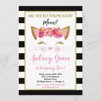 Svartvit guld kattunge kattunge födelsedagsfest inbjudningar