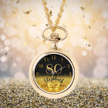 Svartvit guld namn elegant-butik på 80-årsdagen armbandsur<br><div class="desc">Elegant,  klassisk,  glamorös och feminin. En faux guld färgad båge och ribbon,  lite av lek och lyx för en födelsedagspresent eller keepsaké. Svart bakgrund. Mallar för hennes namn och 80 år. Namn är skrivet med ett modernt handskript i stil. Golden färgad nummer mellan 9 och 3</div>
