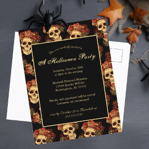 Svartvit Halloween Skull-inbjudan Vykort
