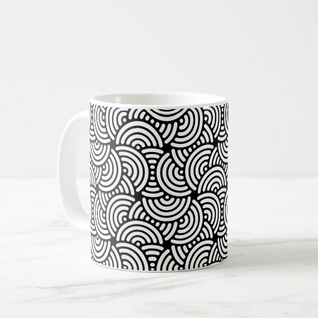Svartvit halvcirkel Spiral Arcs Curve Mönster Kaffemugg (Framsida vänster)