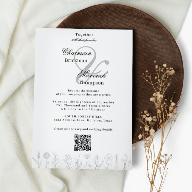 Svartvit Hand plockade-blomning Qr-kod Bröllop Inbjudningar (Skapare uppladdad)