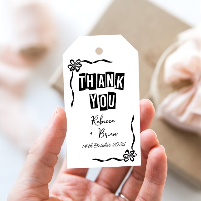 Svartvit Hand plockade Bow Bröllop Presentetikett (Skapare uppladdad)