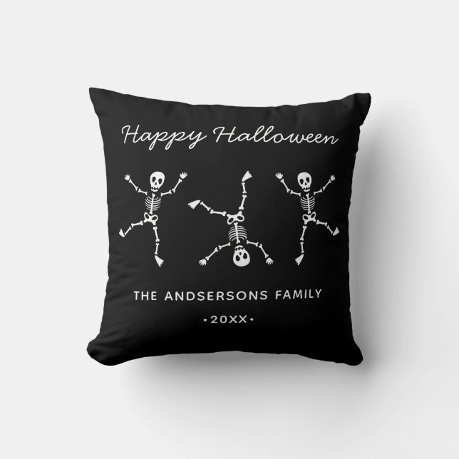 Svartvit Hand plockade Skeleton Happy halloween Kudde (Framsida)