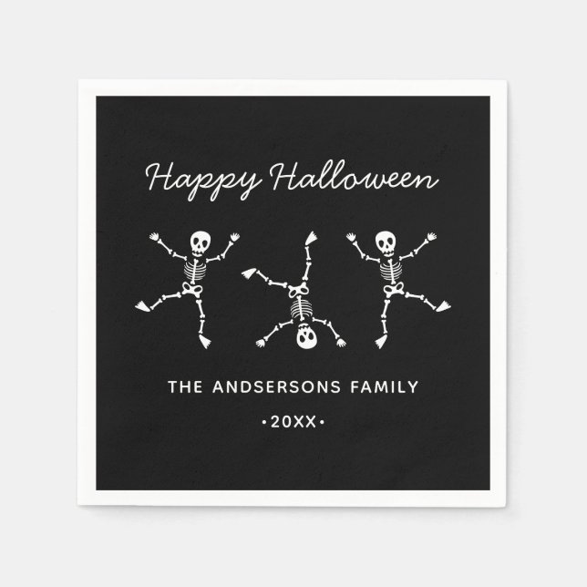 Svartvit Hand plockade Skeleton Happy halloween Pappersservett (Framsidan)