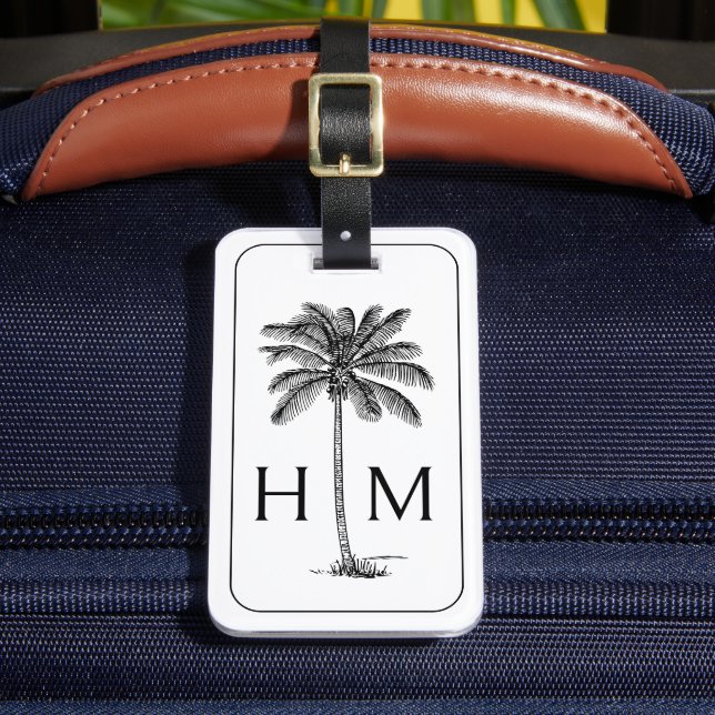 Svartvit Handflatan Palmetto Träd Monogram Bagagebricka (Framsida Insitu 2)