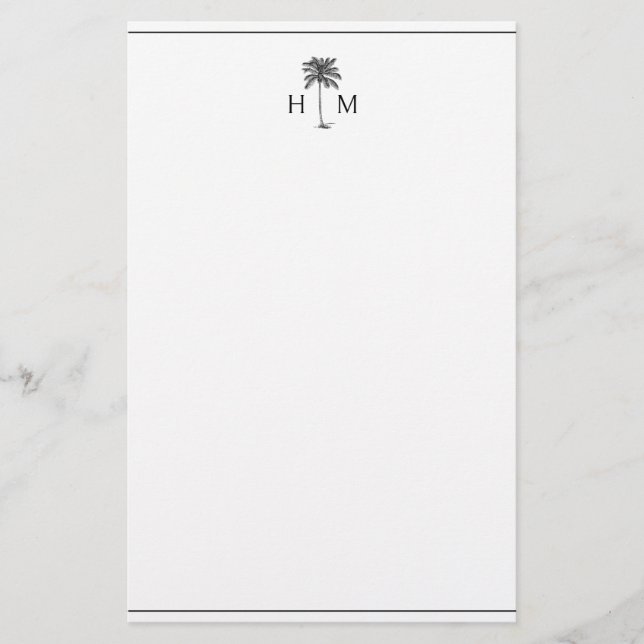 Svartvit Handflatan Palmetto Träd Monogram Brevpapper (Framsida)