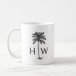 Svartvit Handflatan Palmetto Träd Monogram Kaffemugg