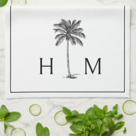 Svartvit Handflatan Palmetto Träd Monogram Kökshandduk