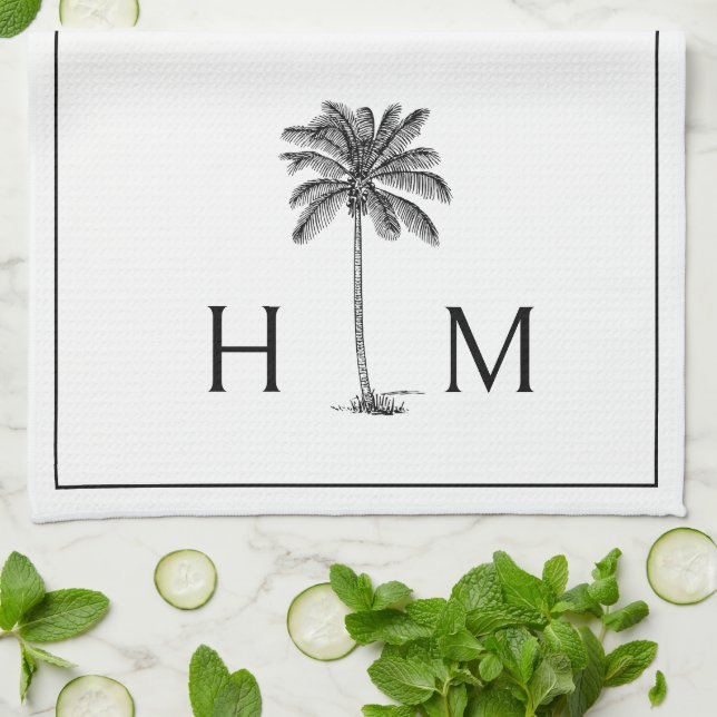Svartvit Handflatan Palmetto Träd Monogram Kökshandduk (Vikta)