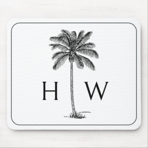 Svartvit Handflatan Palmetto Träd Monogram Musmatta