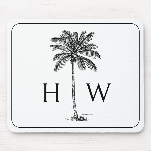 Svartvit Handflatan Palmetto Träd Monogram Musmatta (Framsidan)