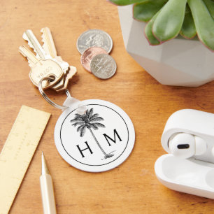 Svartvit Handflatan Palmetto Träd Monogram Nyckelring