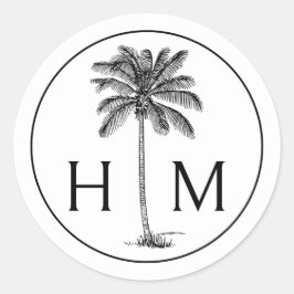 Svartvit Handflatan Palmetto Träd Monogram Runt Klistermärke