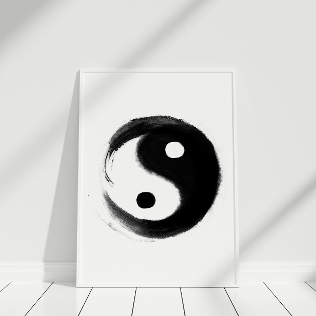 Svartvit handmålat Yin Yang Poster (Black and White Handpainted Yin Yang Poster in white frame)
