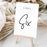 Svartvit handskript Bord SIX Bordsnummer<br><div class="desc">Enkla kort för bordsnummer och chic i klassiskt svartvitt gör en elegant påstående vid bröllop eller händelsen. Designfunktionerna "bord [nummer]" i en ögonetsande blandning av klassisk serif och handskriven skriptskrift. Utformningen upprepas på båda sidor. Individuellt numrerade kort som säljs separat. Beställ varje bordsnummer var för sig från vår samling.</div>