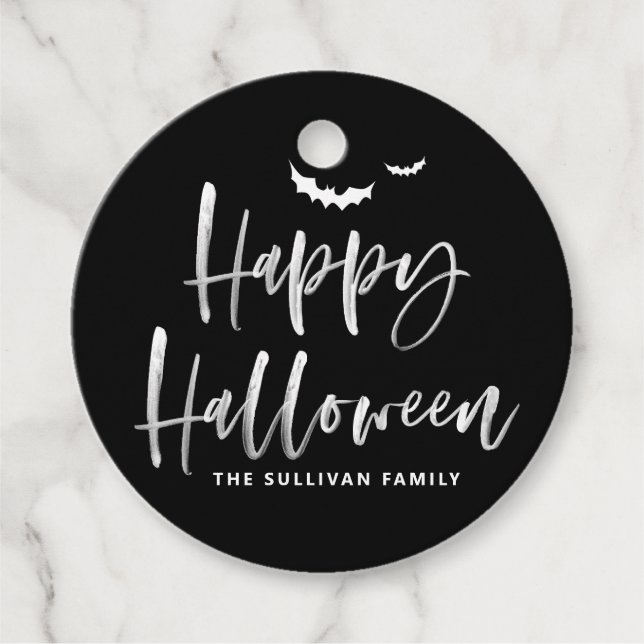 Svartvit Happy halloween-penselkalligrafi Gåvor Etiketter (Framsida)