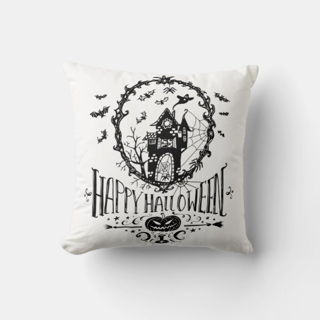 Svartvit Happy halloween Pillow Kudde (Framsida)