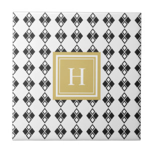 Svartvit harlequin mönster i Monogram guld Kakelplatta