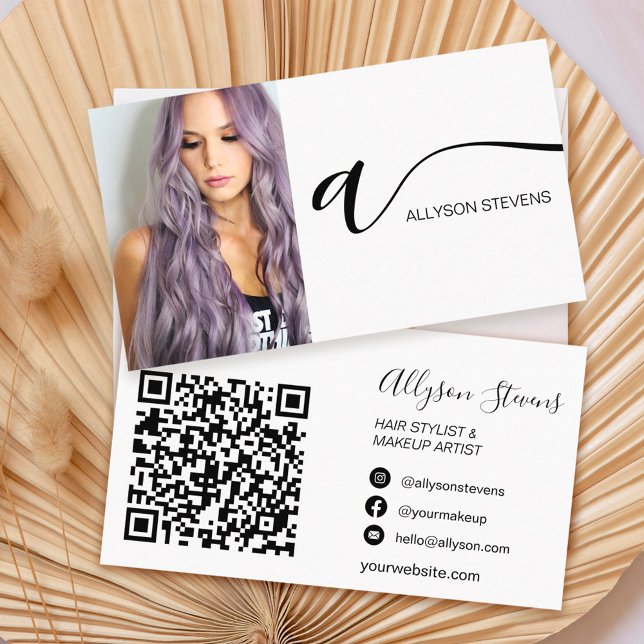 Svartvit hårsmakeup fotoinledande qr-kod visitkort (Skapare uppladdad)