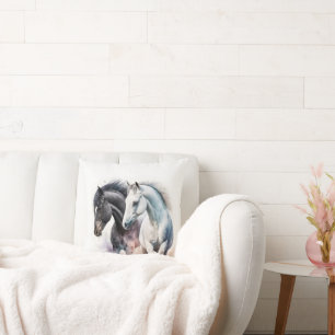 Svartvit häst i vattenfärg kudde