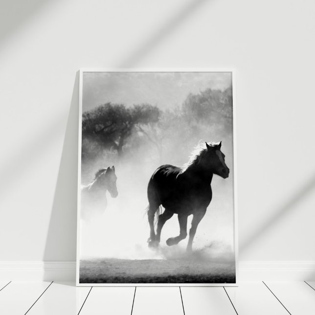 Svartvit häst Poster Skriv ut (Black and White Horse Poster Print in a white frame.)