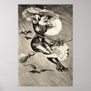 Svartvit häxa flygande kvast fladdermus fullmåne poster
