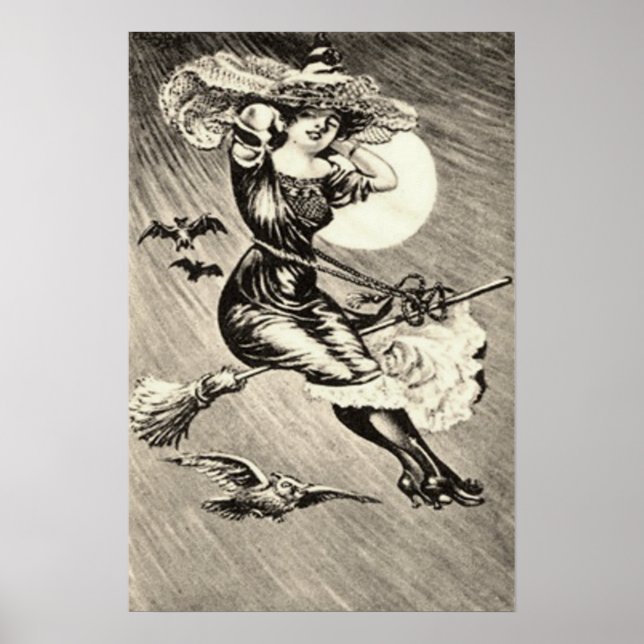 Svartvit häxa flygande kvast fladdermus fullmåne poster (Framsidan)