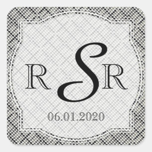 Svartvit Herringbone Bröllop Monogram Fyrkantigt Klistermärke