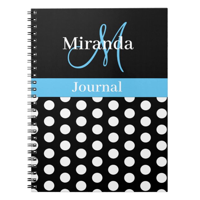 Svartvit Himlar Blue Monogram Script Polka dots Anteckningsbok (Framsidan)