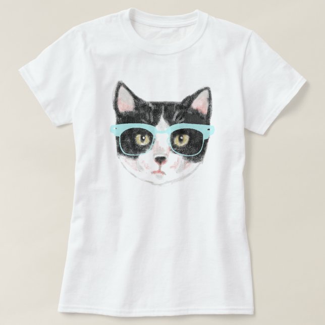 (Svartvit) Hipsterkatt, Tee Shirt (Design framsida)