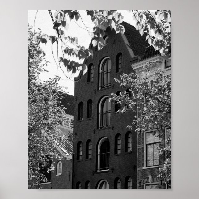 Svartvit historiskt byggnad i Amsterdam Poster (Framsidan)