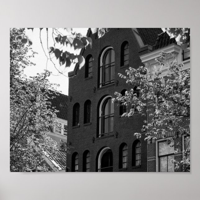 Svartvit historiskt byggnad i Amsterdam Poster (Framsidan)