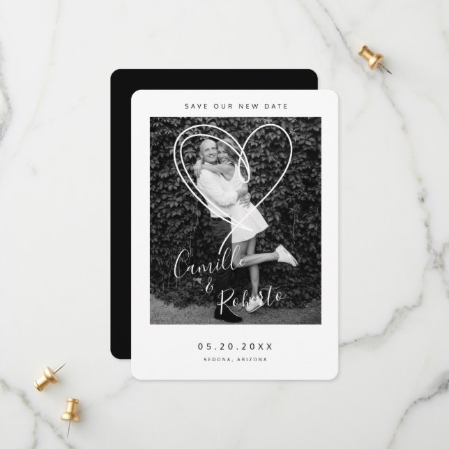 Svartvit hjärt-Spara vår nya moderna moderna Spara Datumet (Fram/Back In Situ)