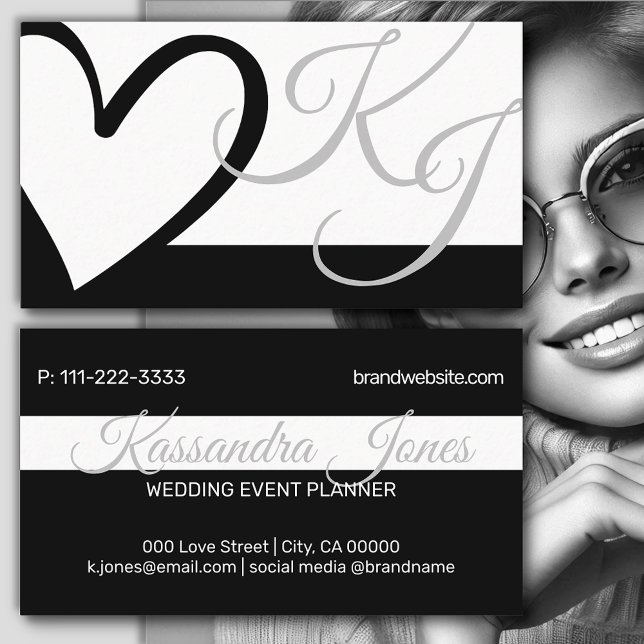 Svartvit hjärtform Kalligrafi monogram Visitkort (Skapare uppladdad)
