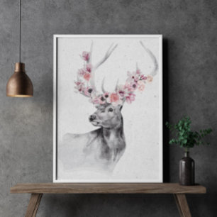 Svartvit Hjort i Flower Krona Animal Poster