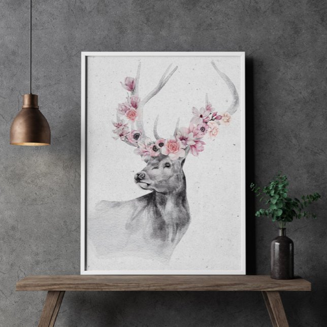 Svartvit Hjort i Flower Krona Animal Poster (Skapare uppladdad)