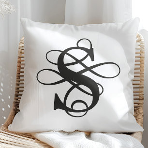 Svartvit, högblommigt, initialt monogram kudde