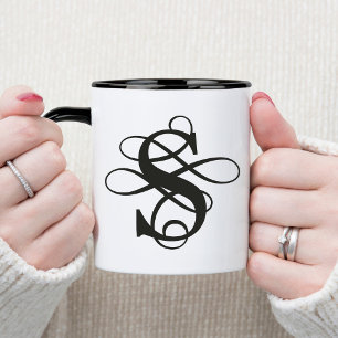 Svartvit, högblommigt, initialt monogram mugg
