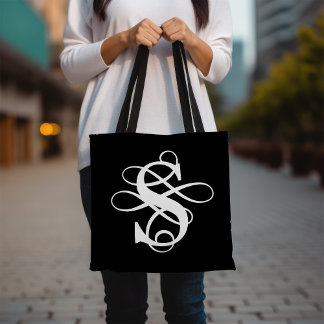 Svartvit, högblommigt, initialt monogram tygkasse