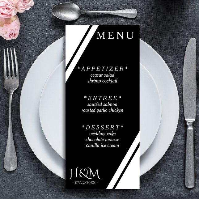 Svartvit hörn Rand - middagsbröllopsmottagning Meny (black and white wedding menu)