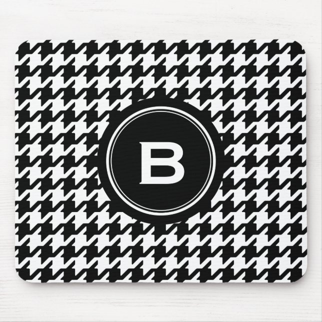 Svartvit houndstooth för klassiker med monogramen musmatta (Framsidan)