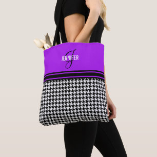 Svartvit Houndstooth lila namn monogram Tygkasse