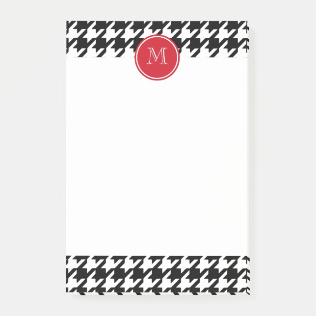 Svartvit Houndstooth röd Monogram Post-it Block (Framsida)