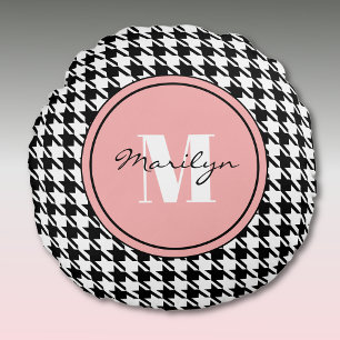 Svartvit Houndstooth-Rosa-dekorfärg Rund Kudde