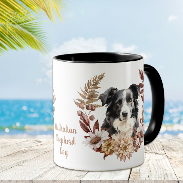Svartvit Hund Australian shepherd höstkrans Mugg (Skapare uppladdad)