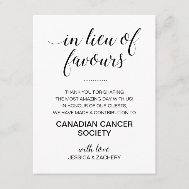 Svartvit i stället för bröllopsfavoritvälgörenhet tilläggskort (Framsida)