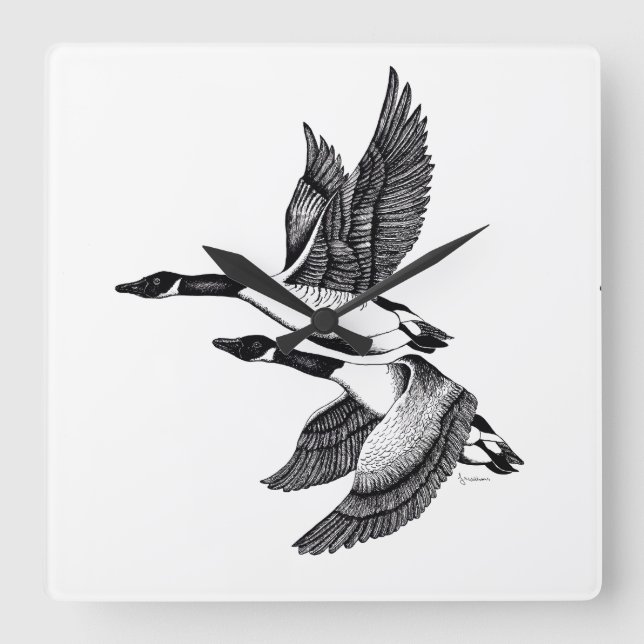 Svartvit illustration av Kanada Geese Fyrkantig Klocka (Framsida)
